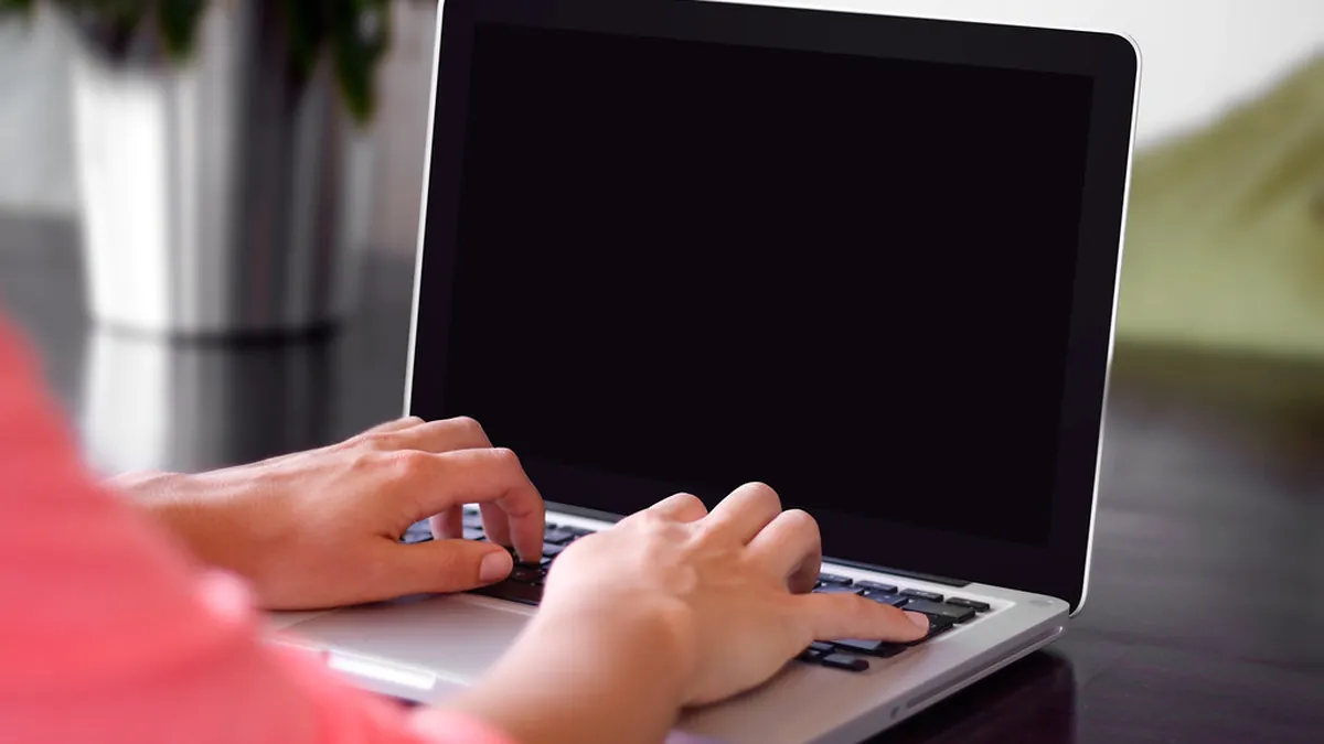 Person typing on a laptop — the kind of online registration carriers will use for the new MOTUS system