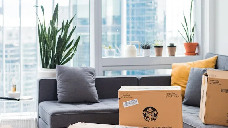 Branded cardboard moving boxes stacked on an apartment couch