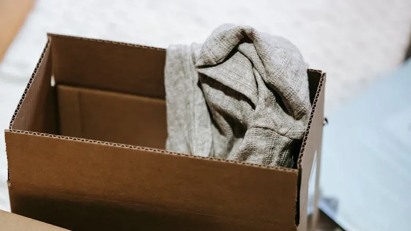 A small cardboard box packed with folded clothes