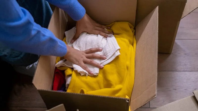 Folded clothes being packed into a cardboard moving box